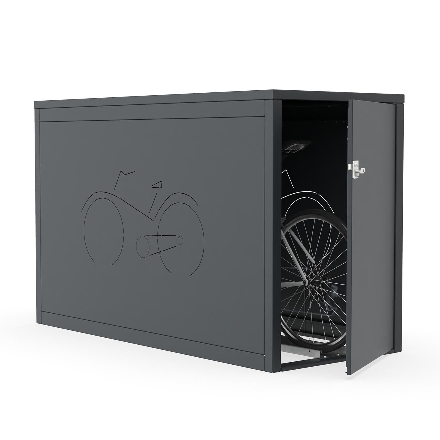 Fahrradbox Diamond mit Flachdach aus Stahl RAL 7016, starre Einlaufschiene, Lüftungsmuster Fahrrad – Diebstahl- und Witterungsschutz