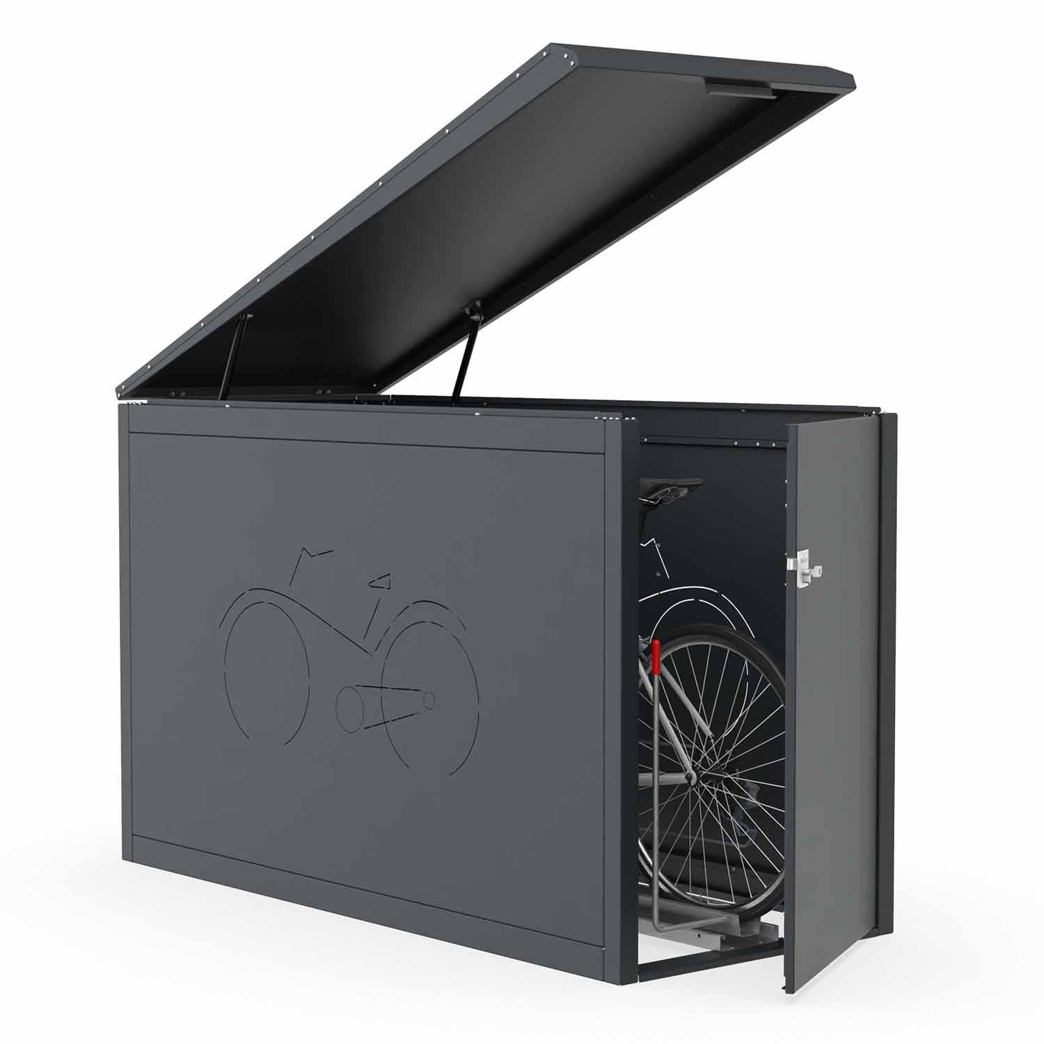 Fahrradbox Diamond Premium mit aufklappbarem Pultdach aus Stahl RAL 7016, ausziehbare Einlaufschiene, Lüftungsmuster Fahrrad – Diebstahl- und Witterungsschutz