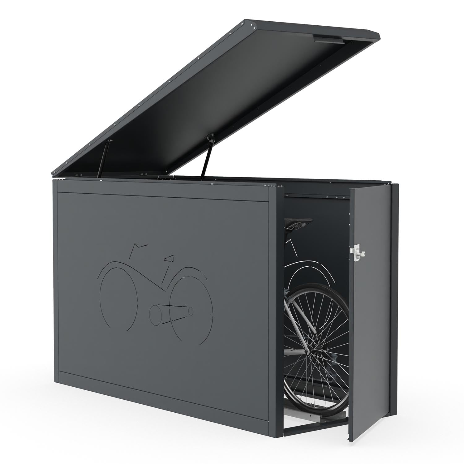 Fahrradbox Diamond Premium mit aufklappbarem Pultdach aus Stahl RAL 7016, starre Einlaufschiene, Lüftungsmuster Fahrrad – Diebstahl- und Witterungsschutz