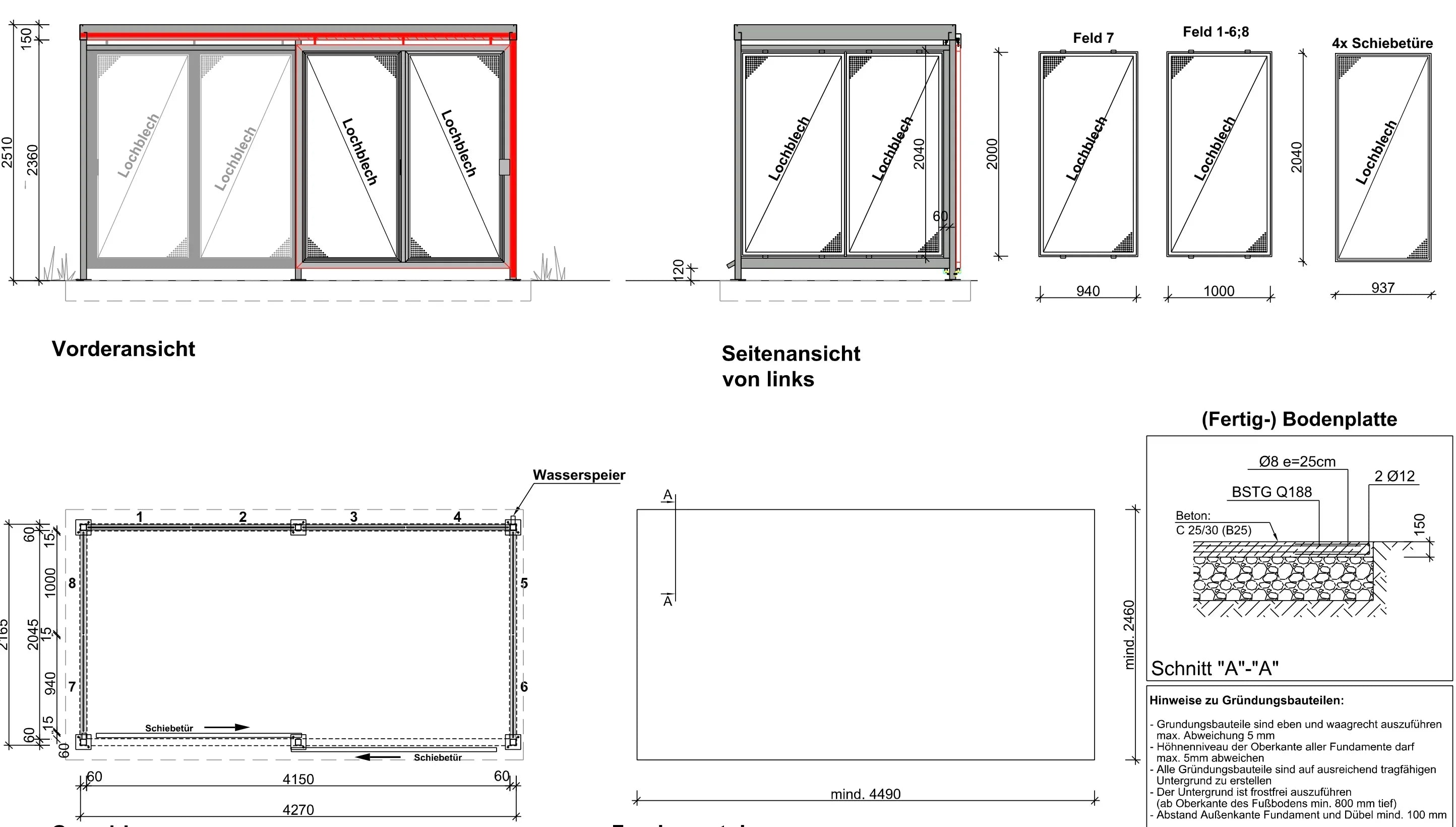 Grundriss und Ansichten eines modernen Mülltonnenhauses und Fahrradhauses aus Metall mit Schiebetüren und Lochblech-Elementen, inklusive Maße und Fundamentdetails.
