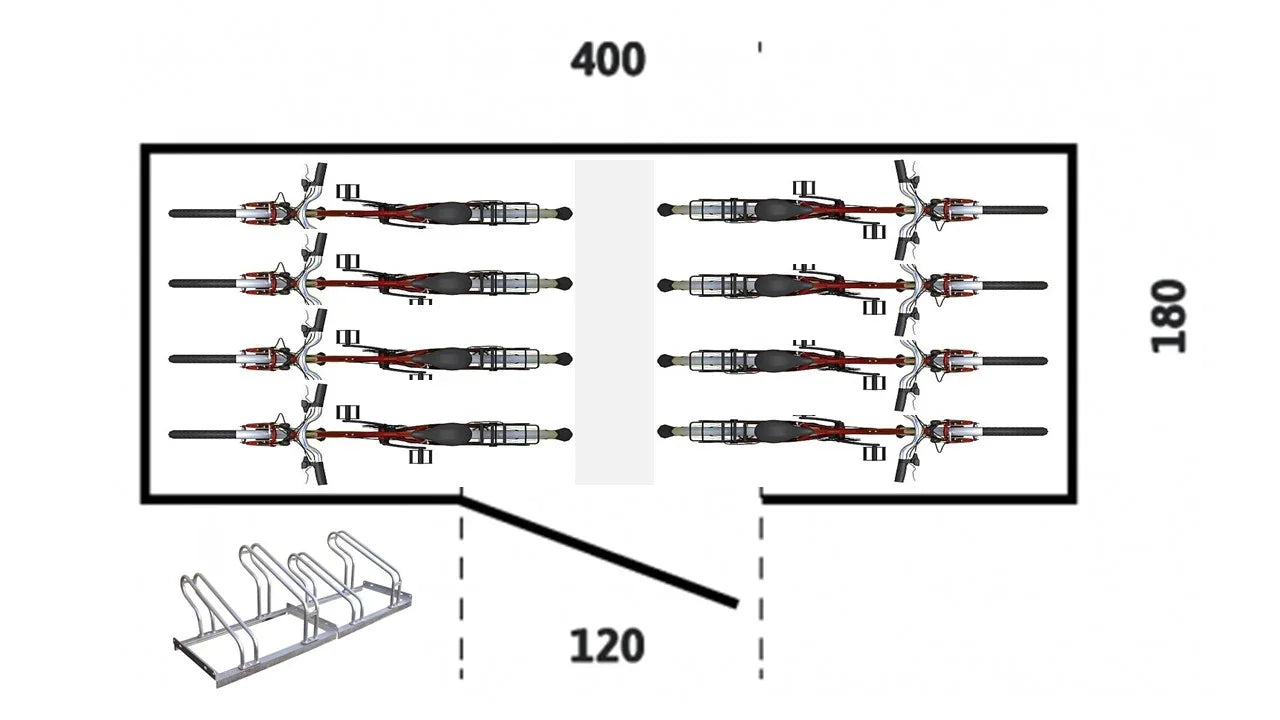 Schema eines Fahrradhauses mit Abstellplätzen und Fahrradständer, Maße 400x180 cm