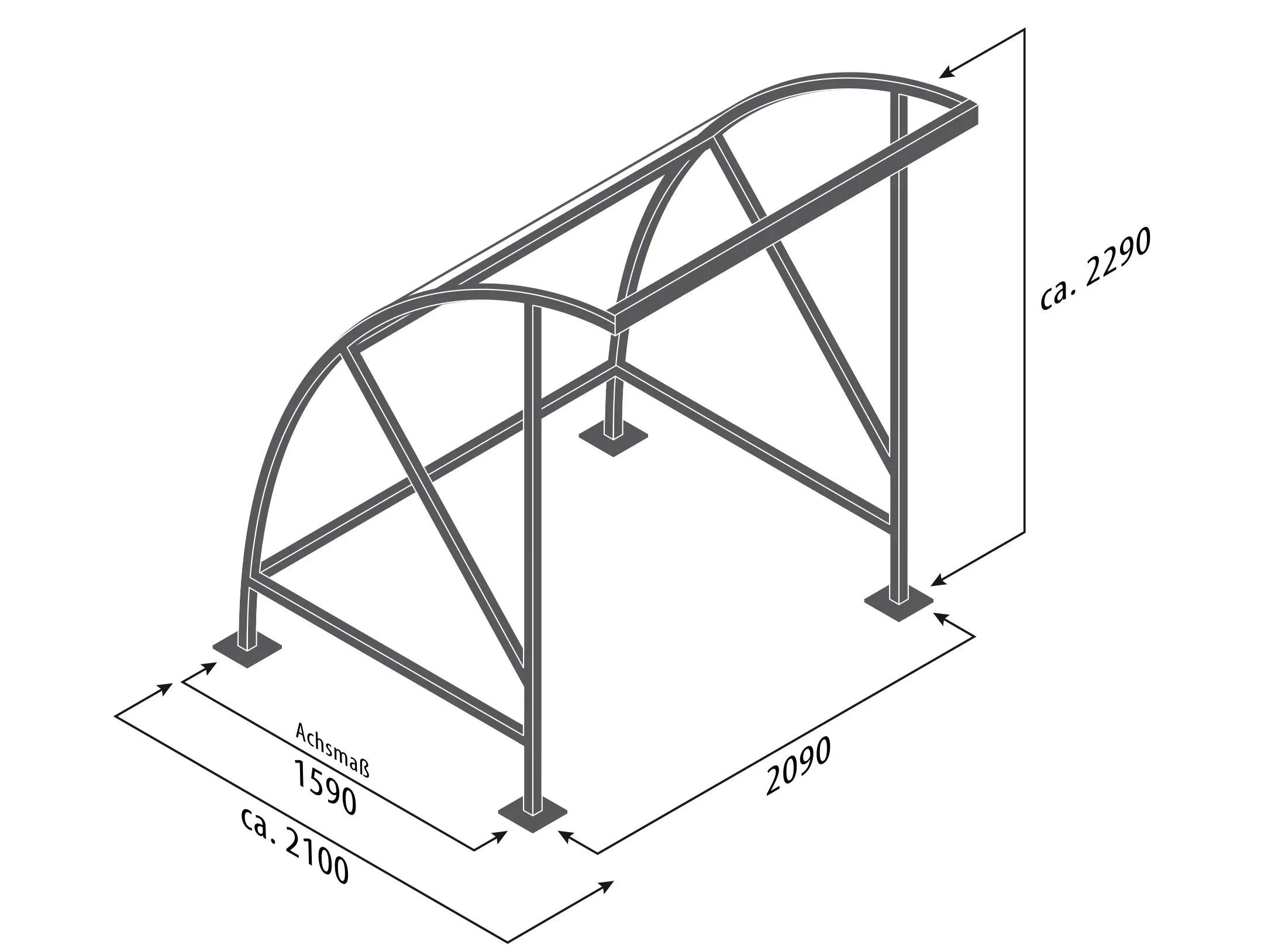 Fahrradunterstand aus Metall, technische Zeichnung mit Maßen 2290x2090x2100 mm.