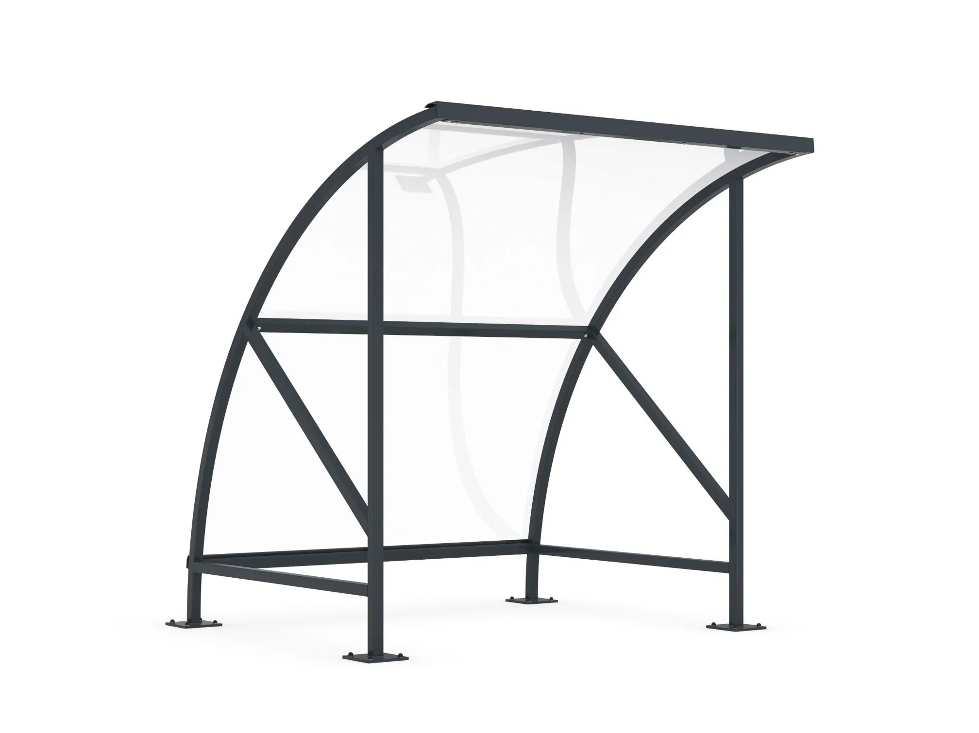 Moderner Fahrradunterstand aus Metall mit gewölbtem Dach und Glas-Seitenteilen, RAL 7016.