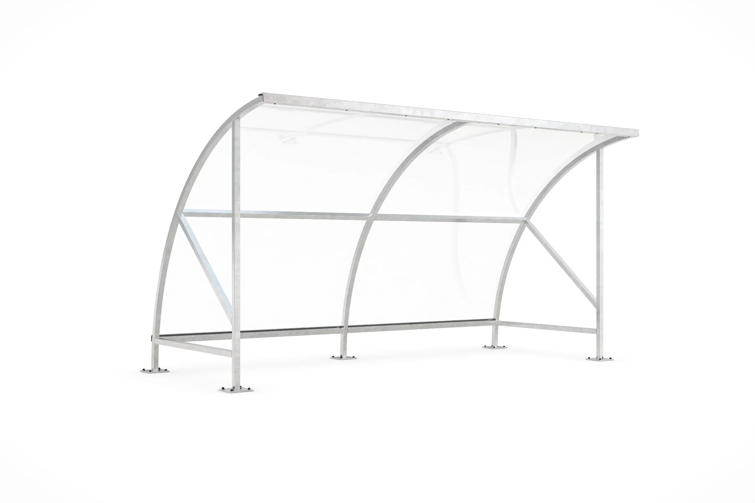 Verzinkter Fahrradunterstand aus Metall mit gebogenem Dach, freistehend.