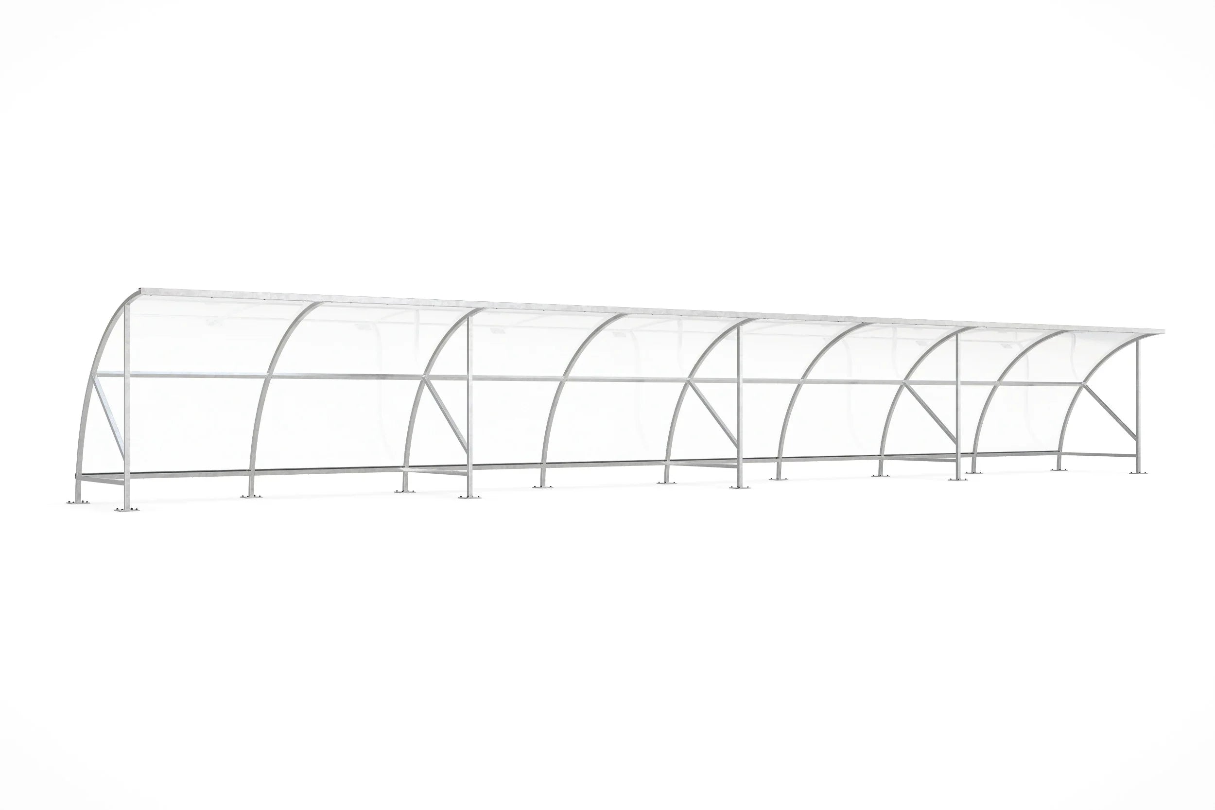 Verzinkter Fahrradunterstand aus Metall mit transparentem Dach und seitlichen Streben.