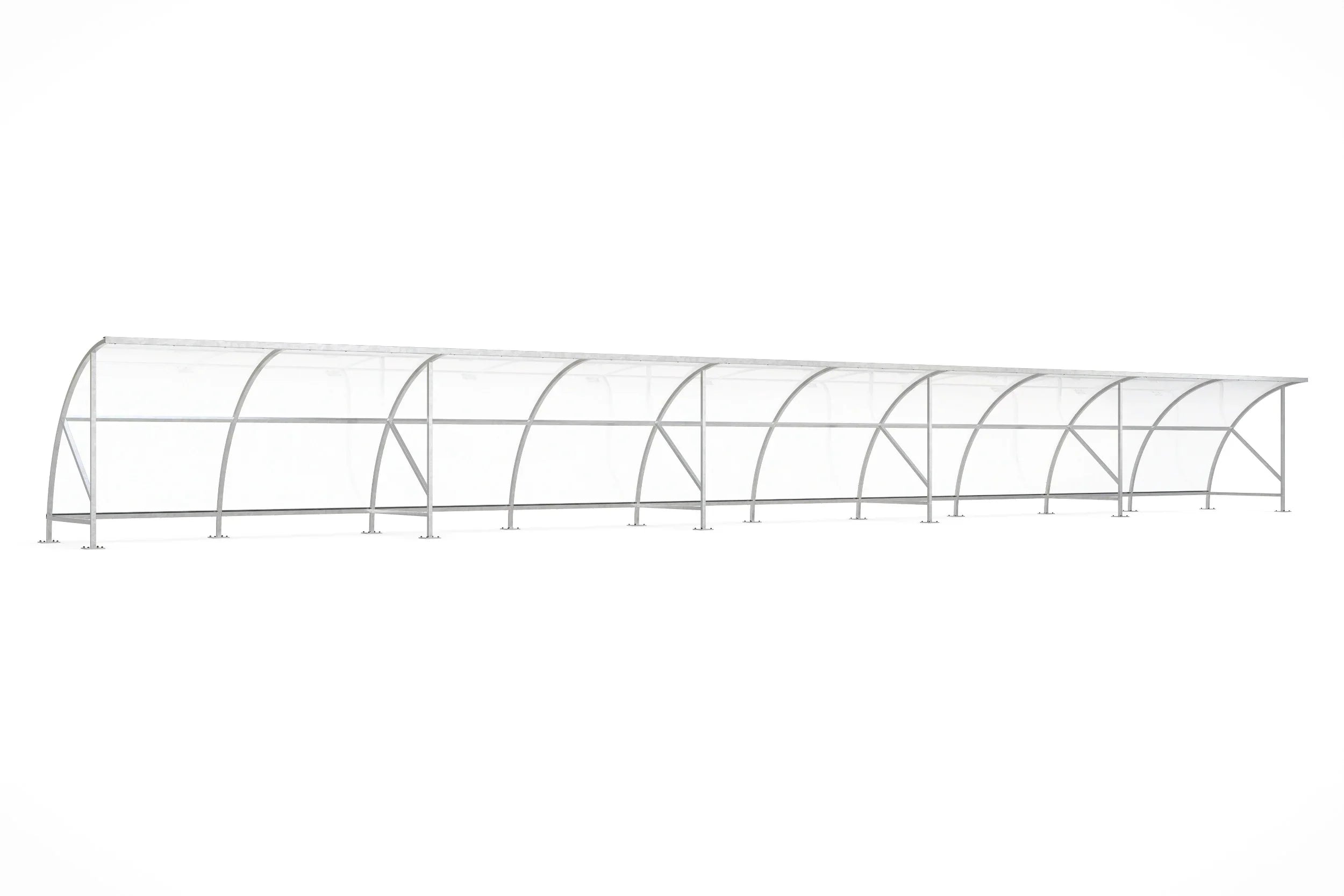 Großer Fahrradunterstand aus verzinktem Metall mit transparentem Dach, seitlicher Rundbogenbau