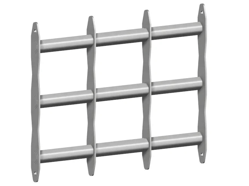Fenstergitter ausziehbar aus Metall, silberfarben mit stabilen, waagerechten und senkrechten Stäben