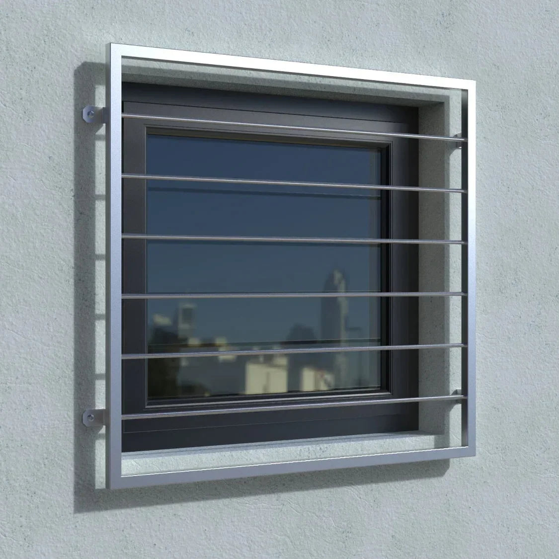 Fenstergitter aus Edelstahl quadratisch, montiert vor modernem Fenster ohne Fensterbrett