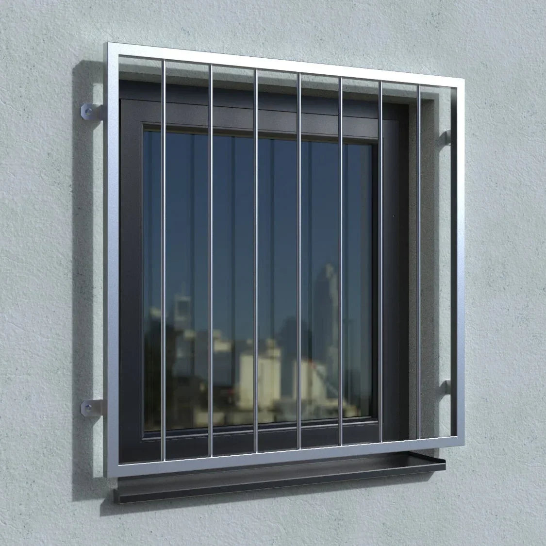 Fenstergitter Modell Turin mit Fensterbrett Edelstahl vorgesetzt real