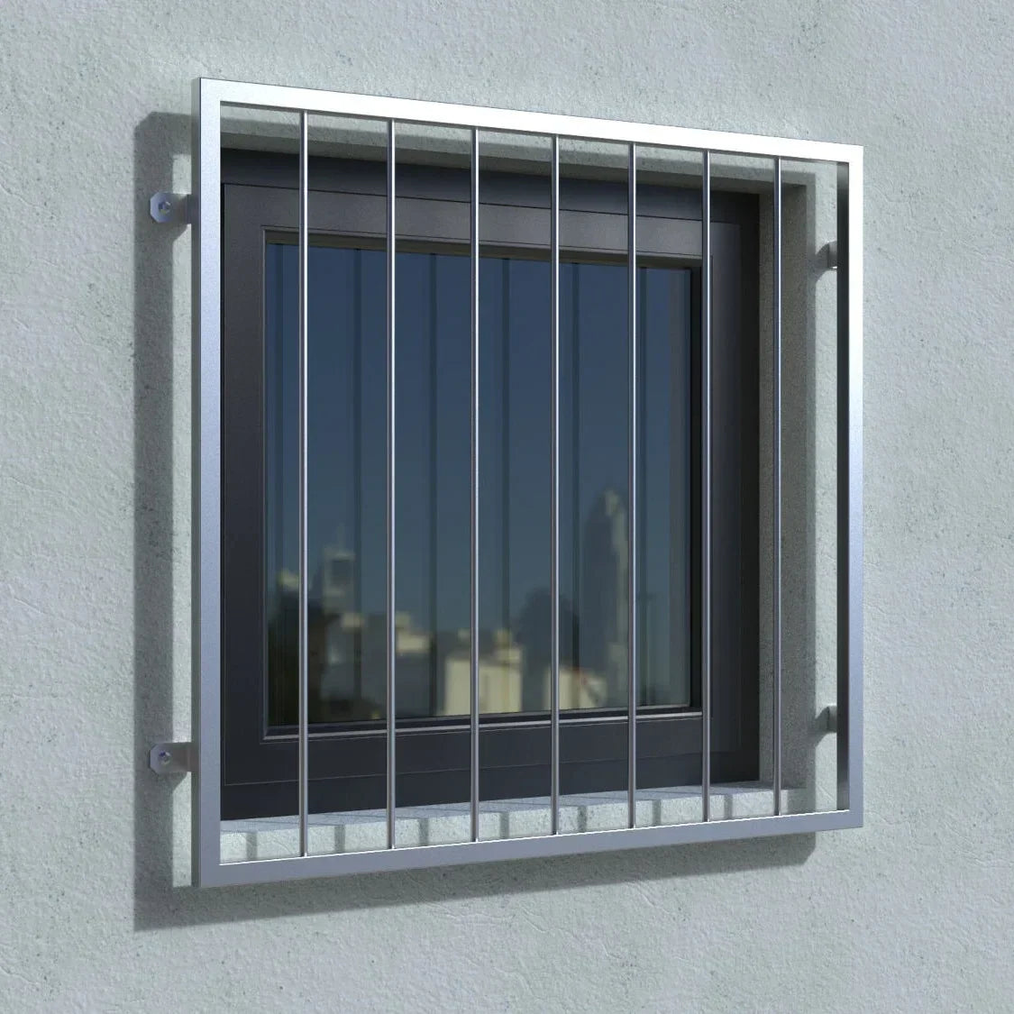 Fenstergitter aus Edelstahl mit senkrechten Stäben, modern an Außenwand montiert