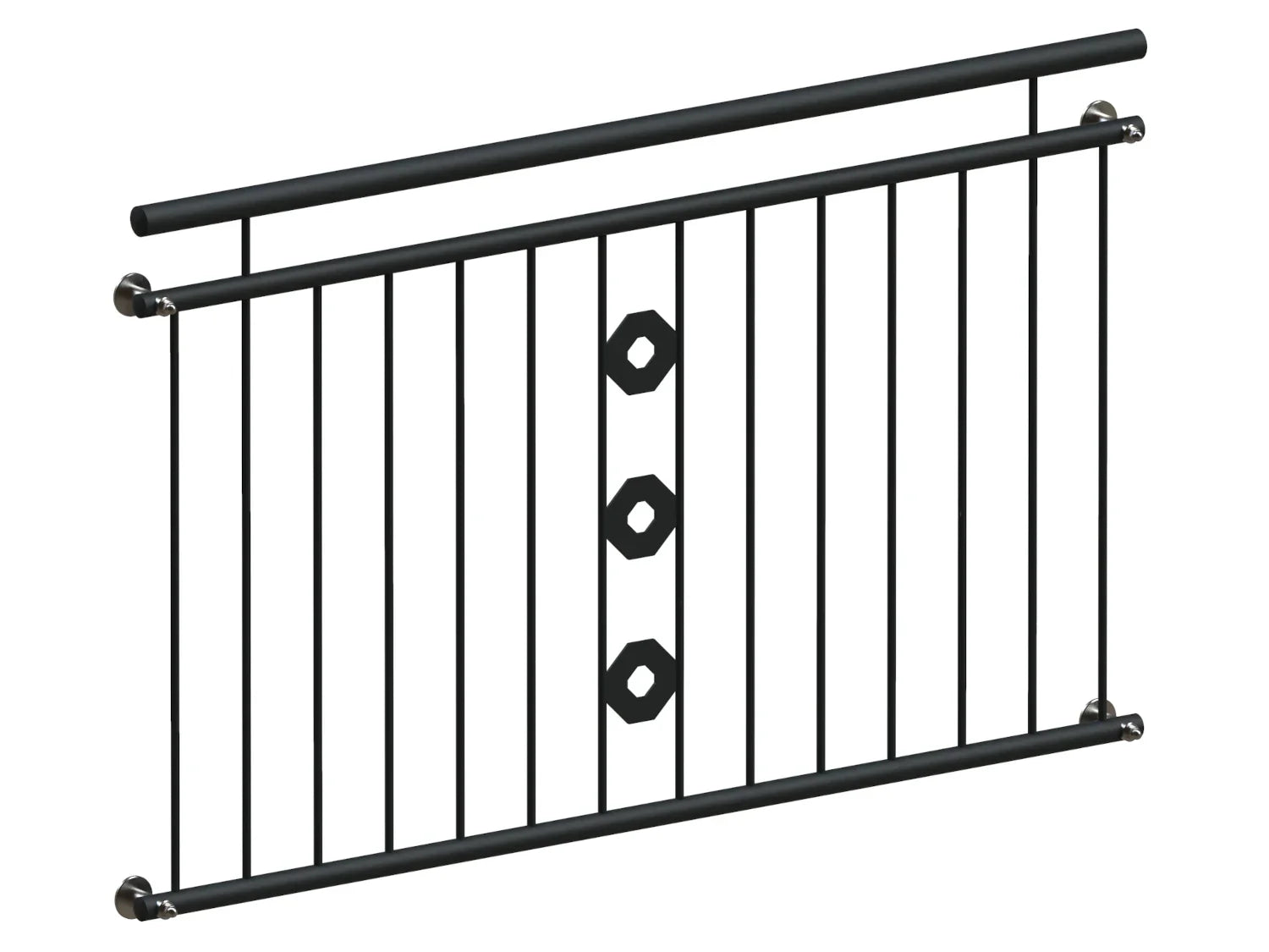 Fenstergitter für französischen Balkon, schwarz, mit senkrechten Stäben und Schmuckelementen