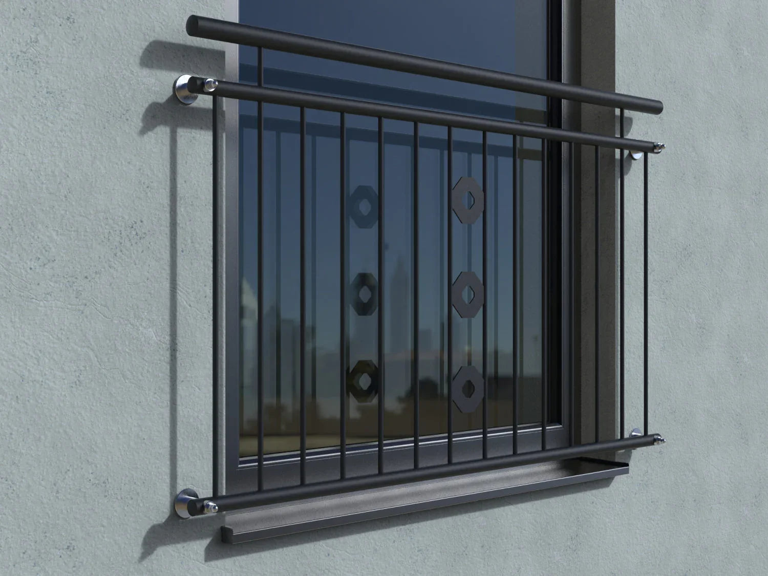 Französischer Balkon Fenstergitter aus Metall in Anthrazit an Hausfassade, modern, sicher.