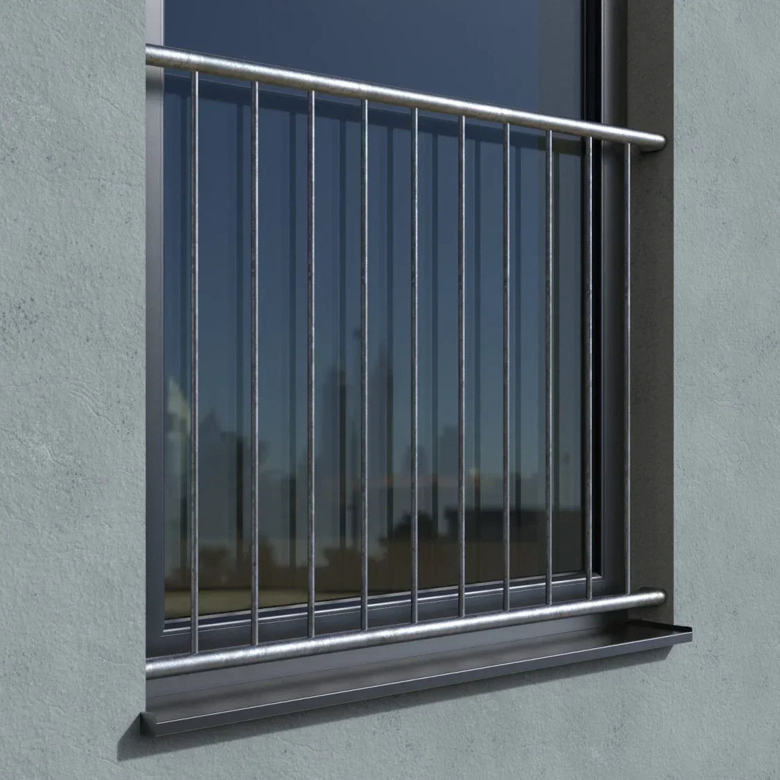 Verzinktes Fenstergitter für französischen Balkon, Laibung, vertikale Stäbe, moderner Look