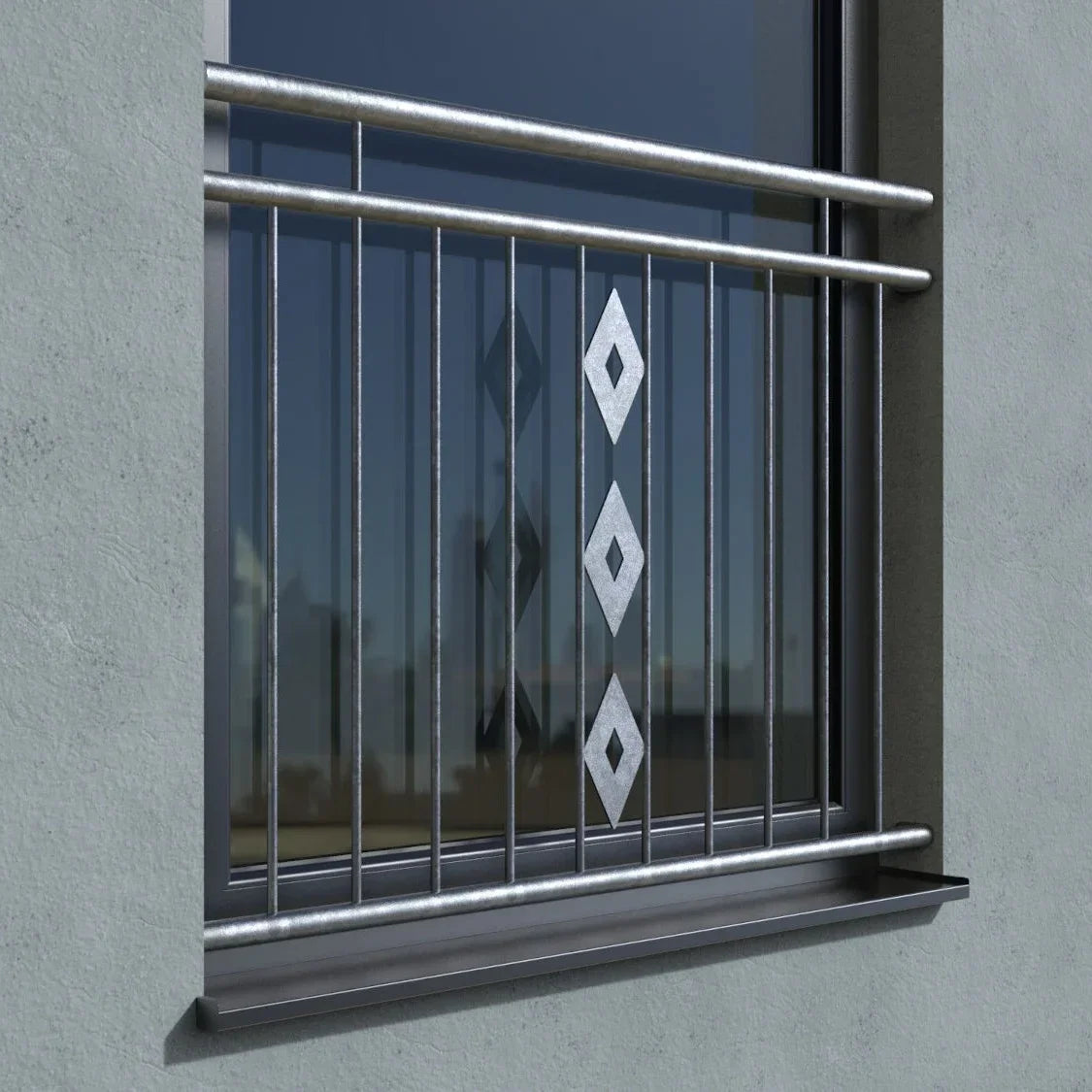 Verzinktes Fenstergitter für französischen Balkon mit Rauten-Design, montiert in Laibung