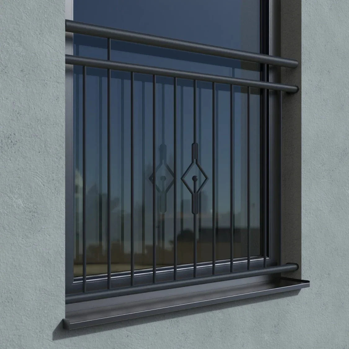 Fenstergitter französischer Balkon aus Metall mit Zierornamenten, montiert in Laibung