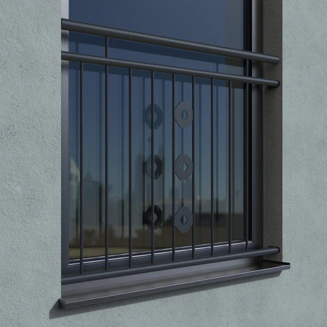 Schwarzes Fenstergitter für französischen Balkon mit modernen Zierelementen an einem Fenster