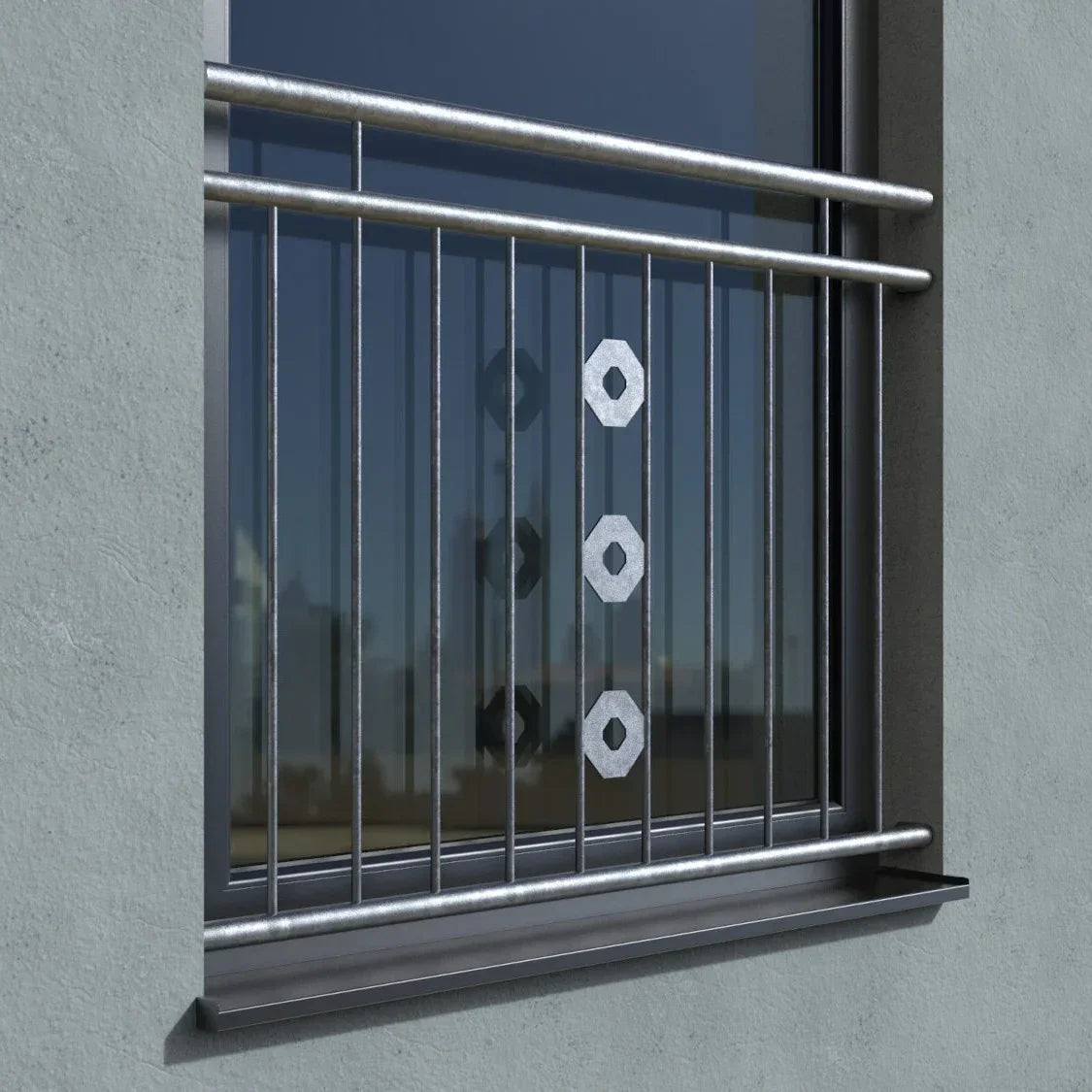 Verzinktes Fenstergitter für französischen Balkon mit geometrischen Zierelementen, Laibungsmontage