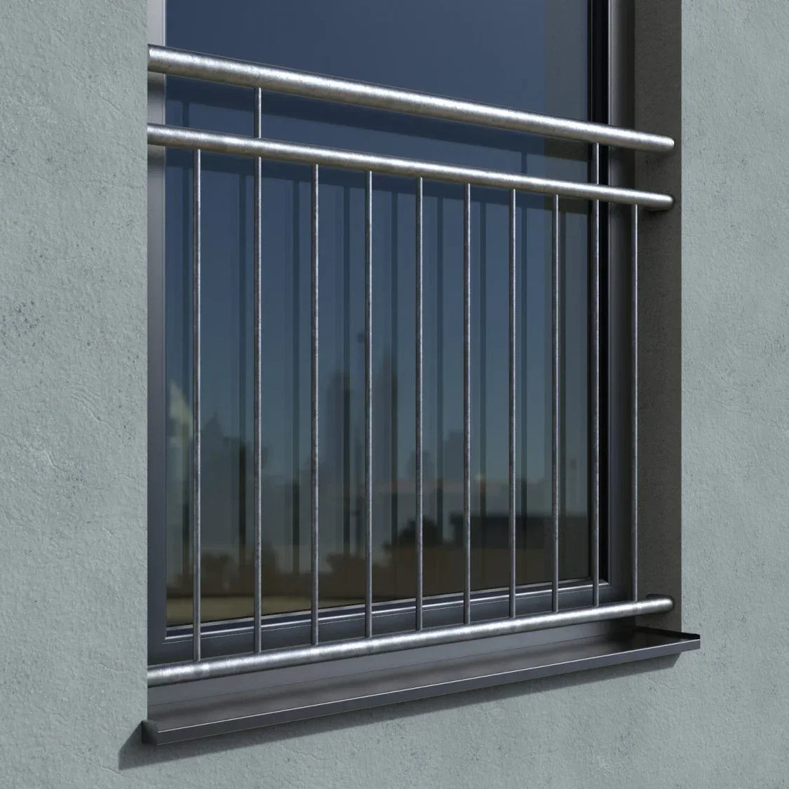 Verzinktes Fenstergitter für französischen Balkon mit senkrechten Stäben an Fensterlaibung