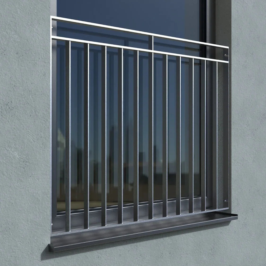 Edelstahl Fenstergitter für französischen Balkon an Hausfassade, modern, pulverbeschichtet