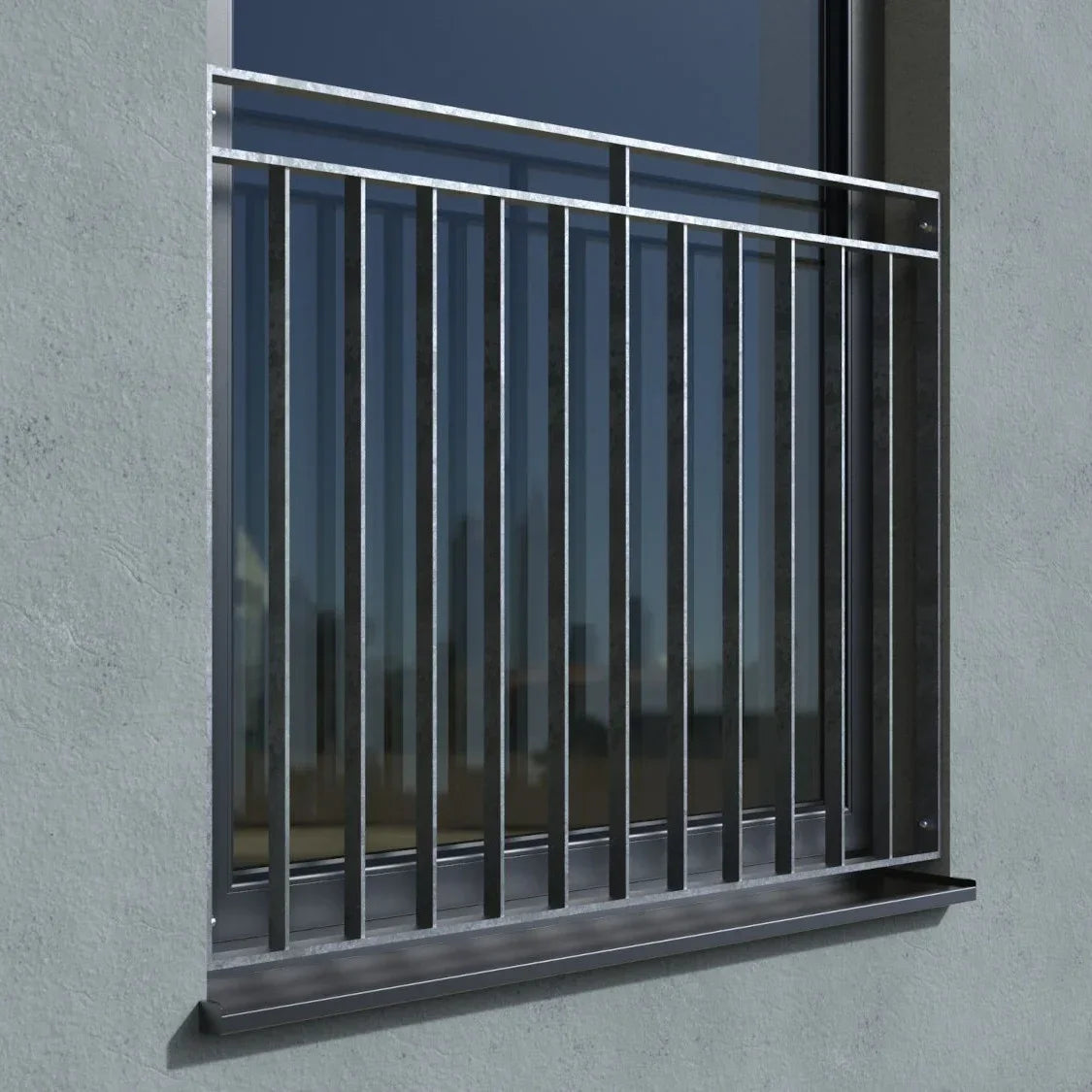 Verzinktes Fenstergitter für französischen Balkon an moderner Fassade, senkrechte Stäbe