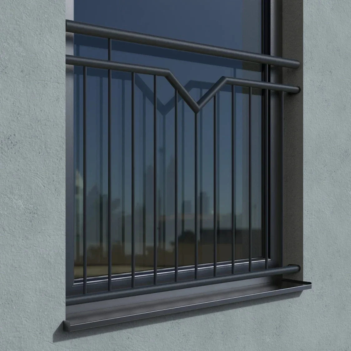 Schwarzes Fenstergitter für französischen Balkon, modern, vor Fenster in Laibung montiert