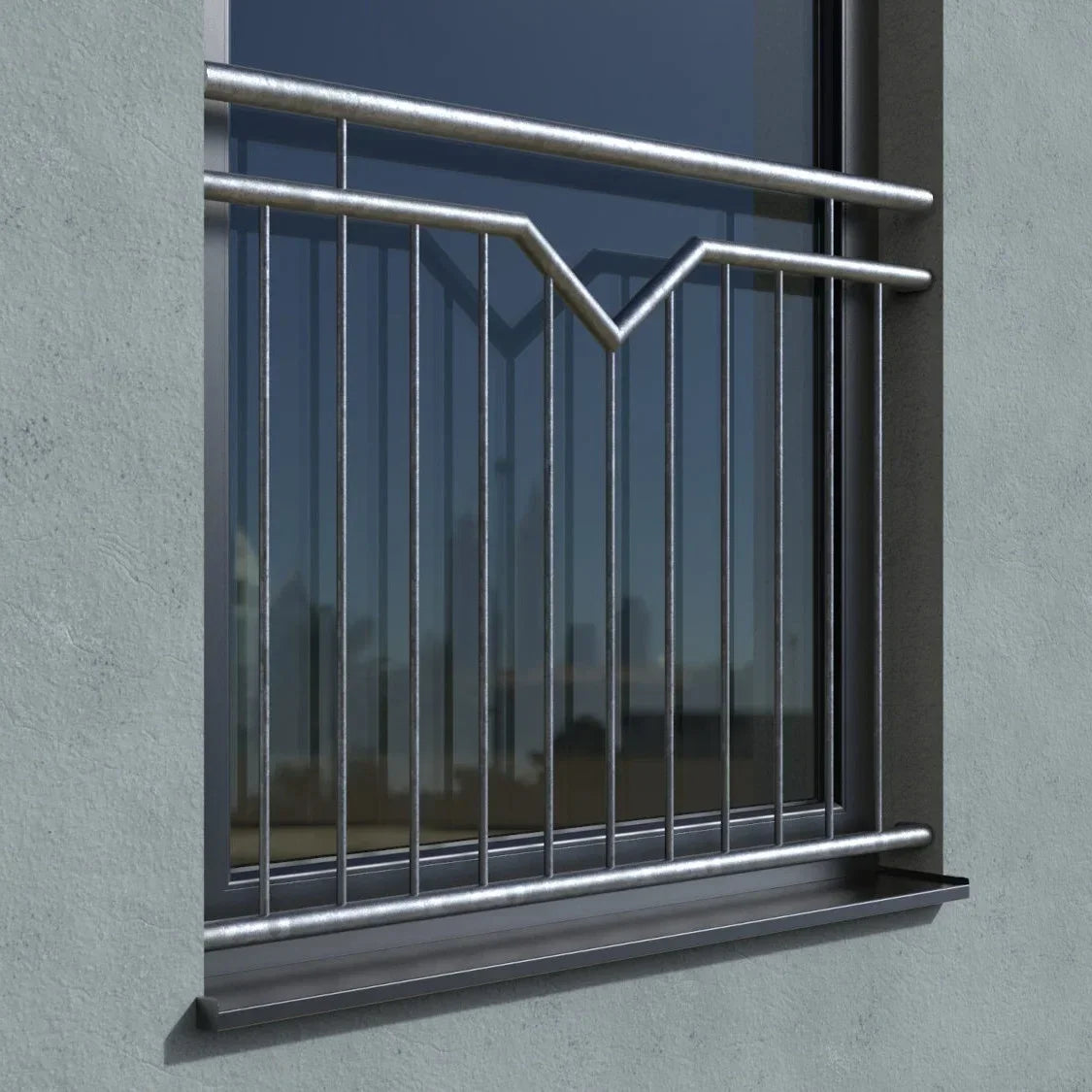 Verzinktes Fenstergitter für französischen Balkon mit senkrechten Stäben und modernem Design