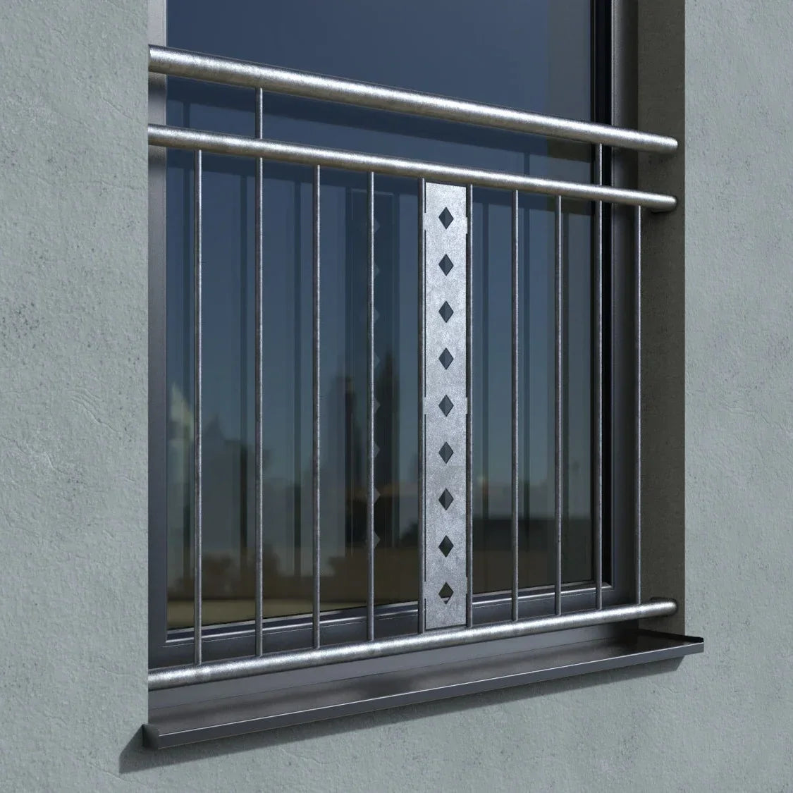 Verzinktes Fenstergitter für französischen Balkon, modernes Design, senkrechte Stäbe, Laibungsmontage.