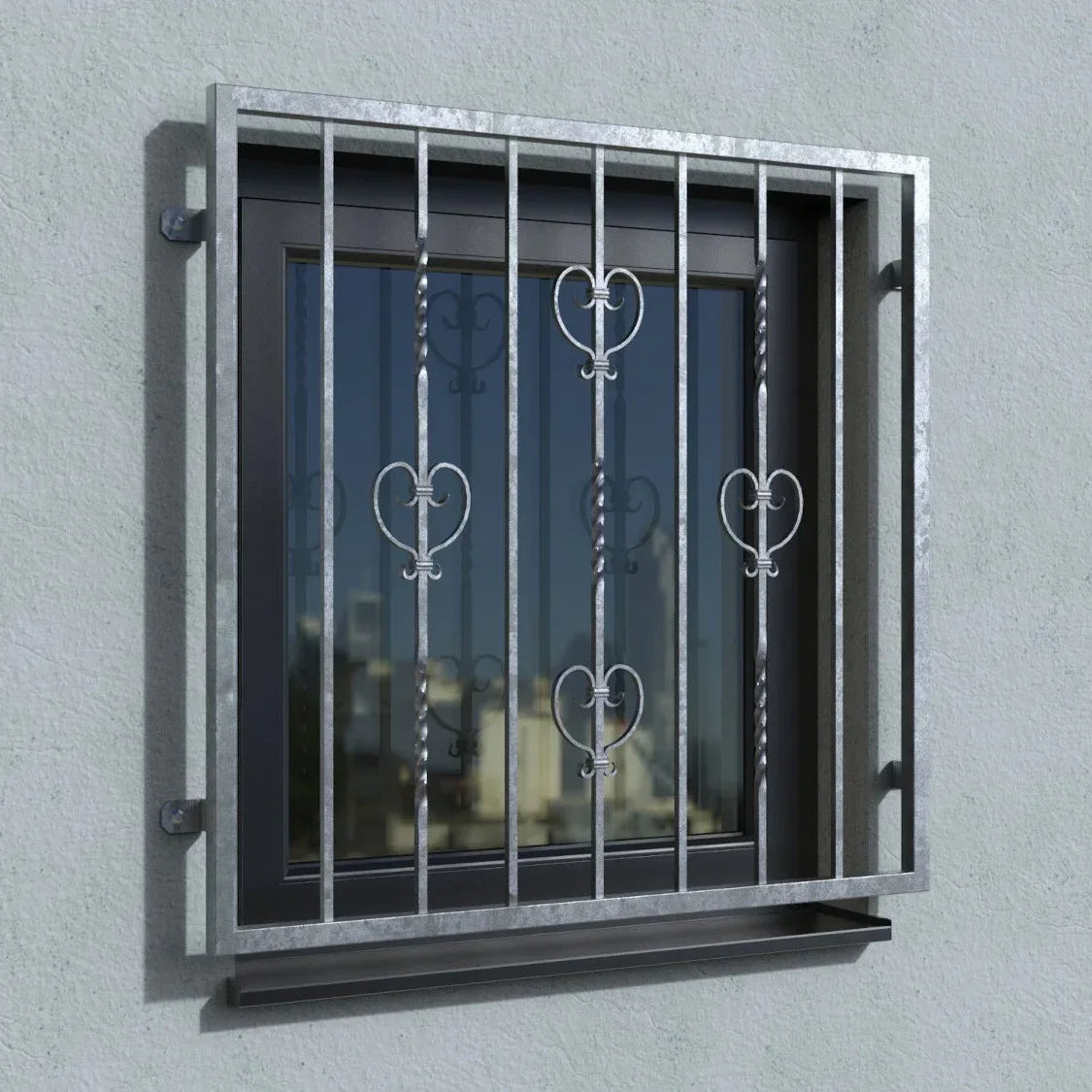 Verzinktes Fenstergitter mit Herzornamenten und Fensterbrett an Außenfassade
