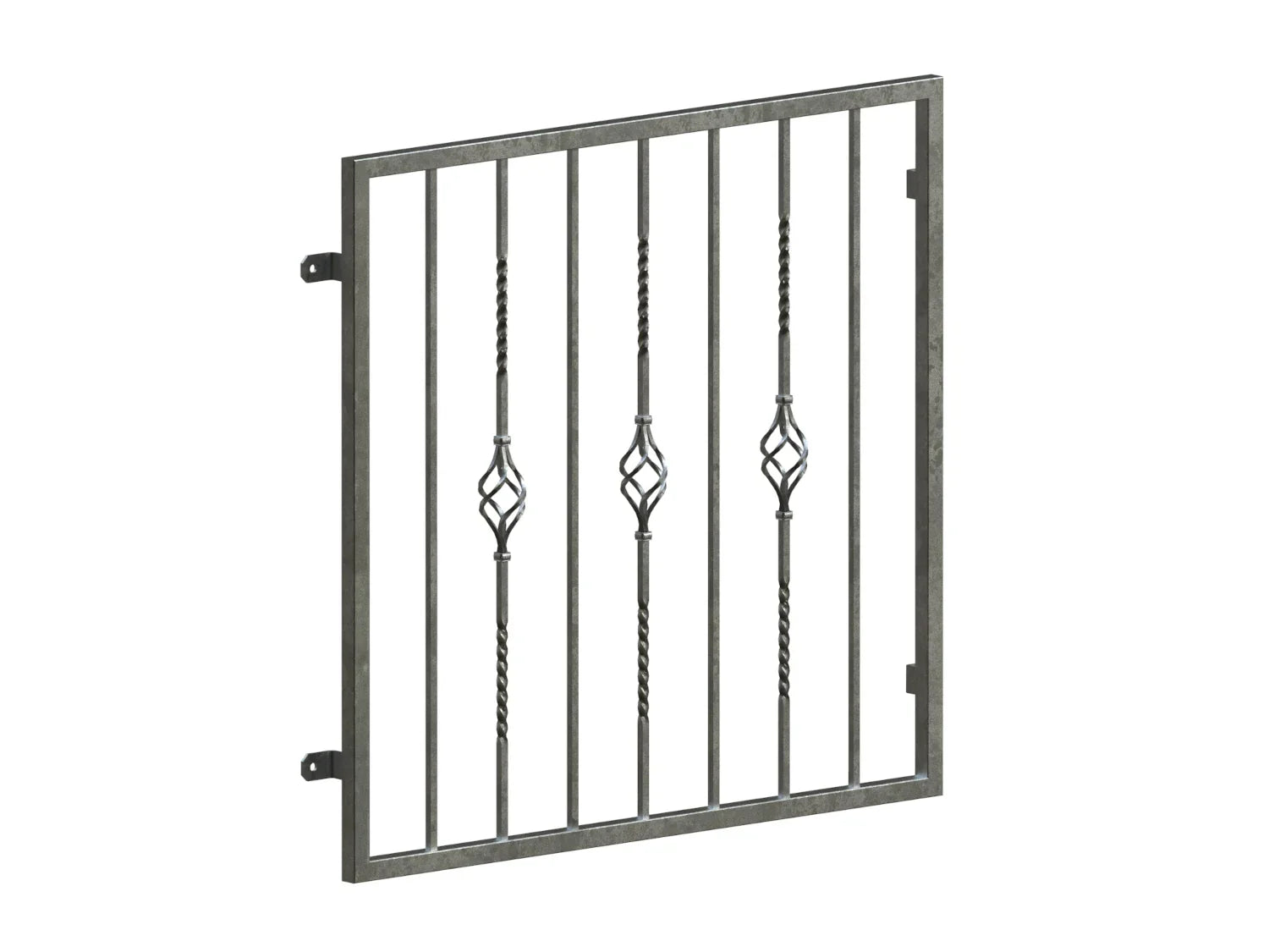 Verzinktes Fenstergitter aus Metall mit dekorativen Drehstäben, einbaufertig.