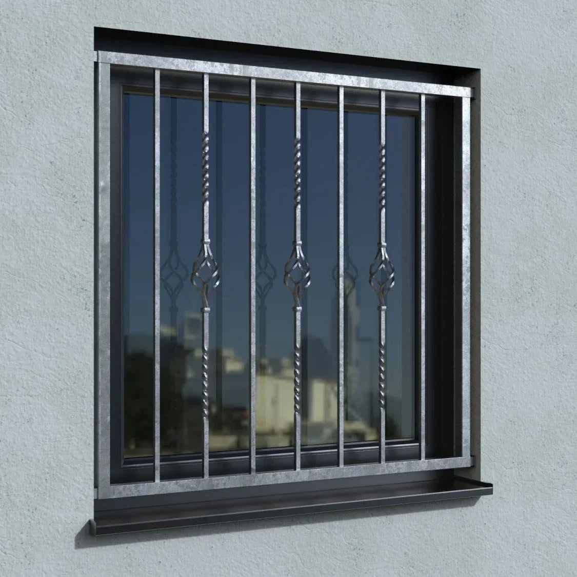 Verzinktes Fenstergitter mit Zierstäben und Schutzfunktion an Hauswand montiert
