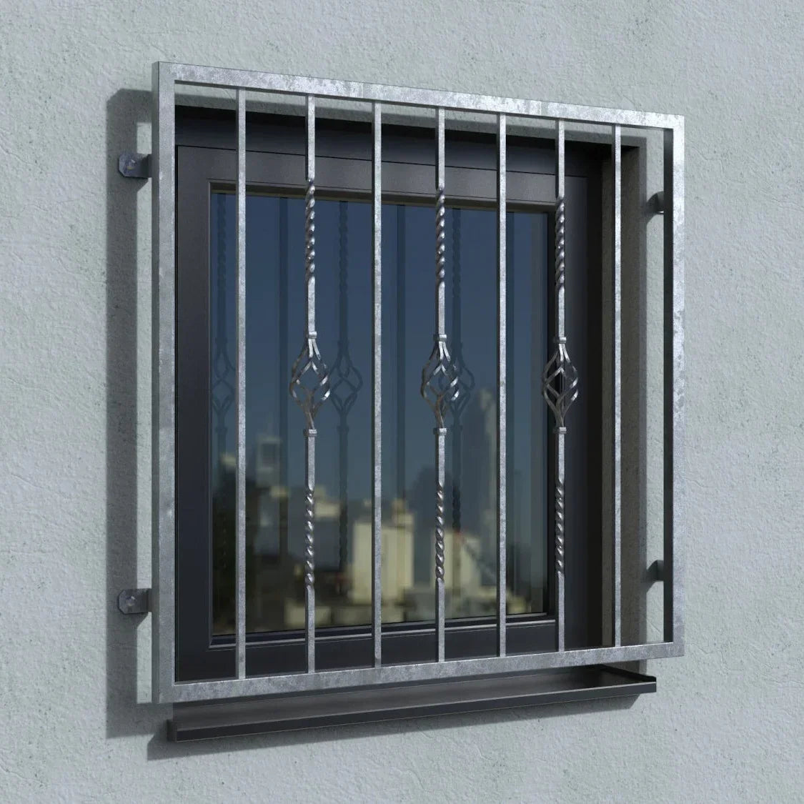 Verzinktes Fenstergitter mit Fensterbank und Zierelementen an einer Außenwand