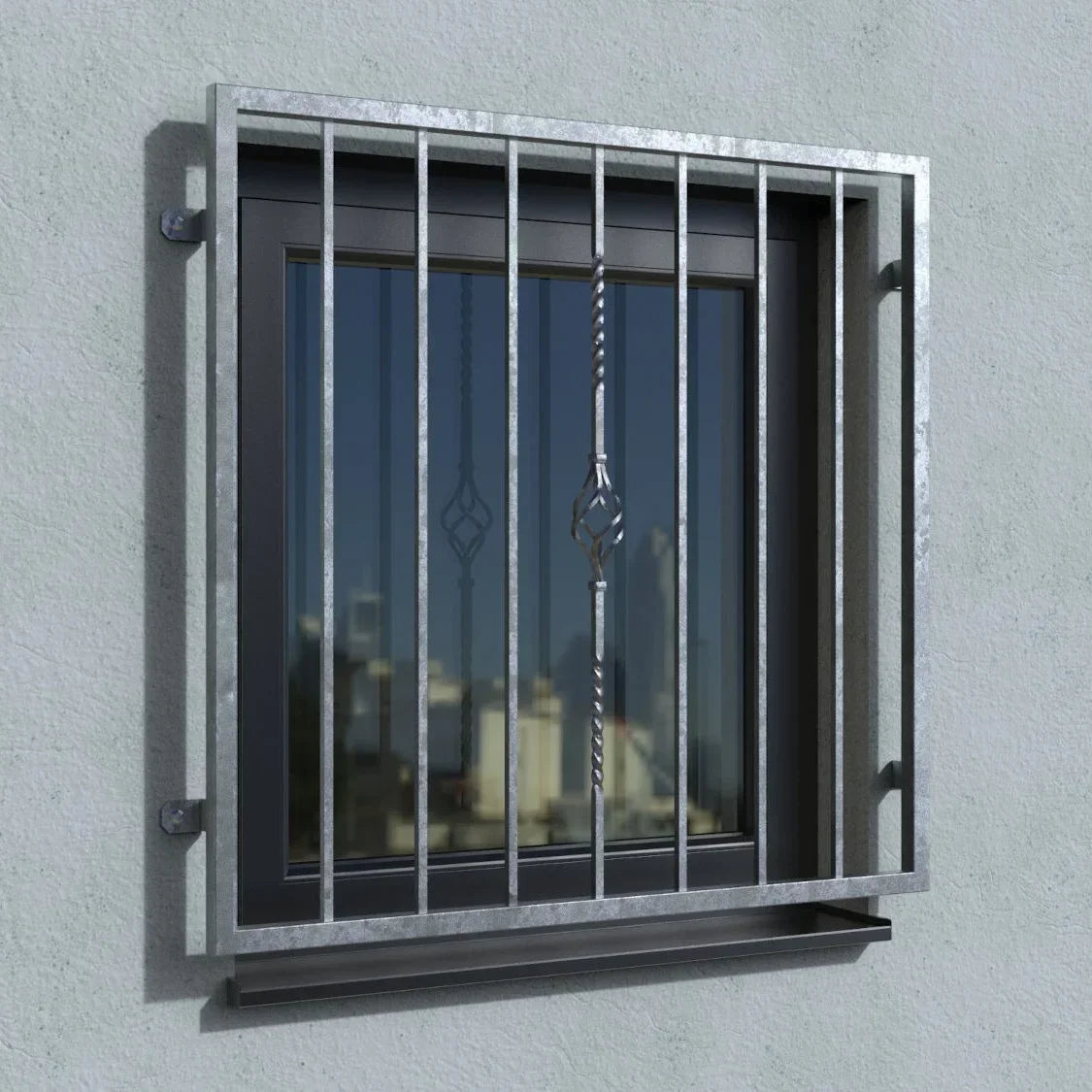 Verzinktes Fenstergitter mit Fensterbrett und Zierelementen an Fenster montiert