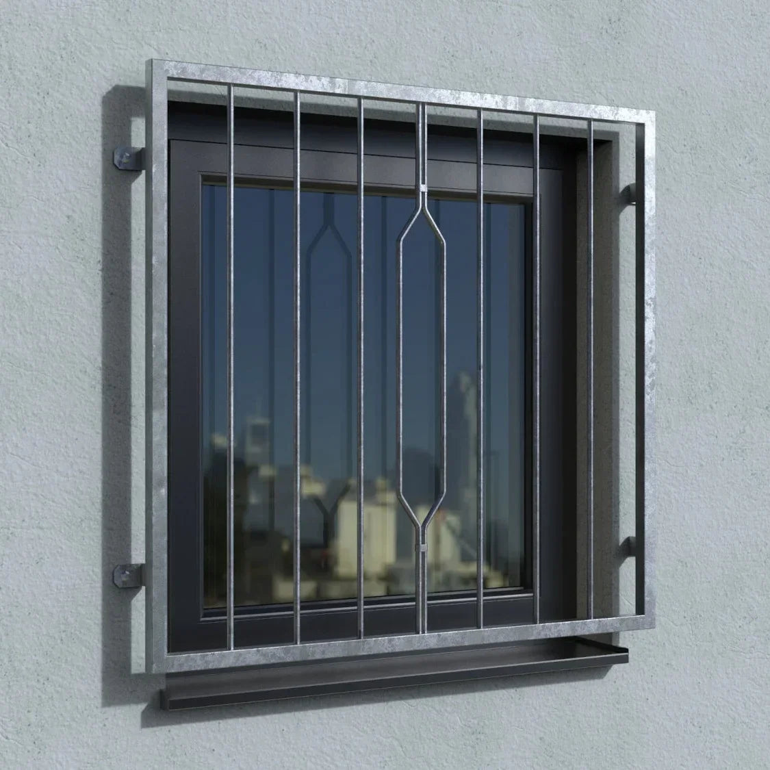 Verzinktes Fenstergitter Venedig mit Fensterbrett an grauer Hauswand, Sichtschutz Sicherheit