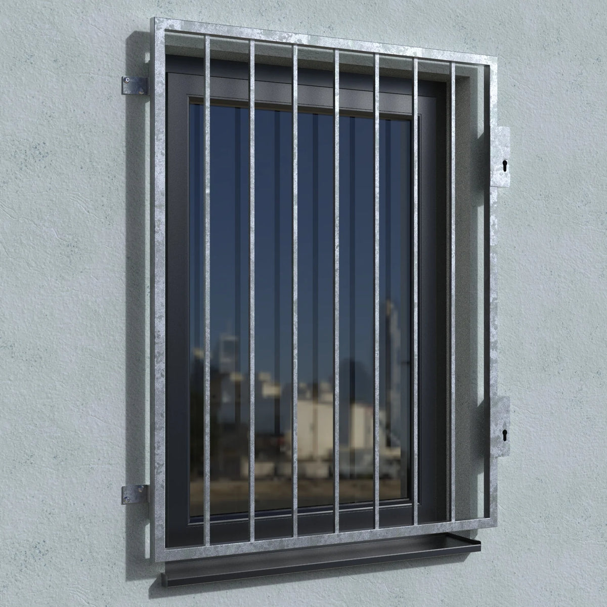 Fenstergitter zum Öffnen mit zwei Schlössern, Scharniere links – Prinzipbild am Modell Turin verzinkt, für Laibungshöhen ab 1500 mm