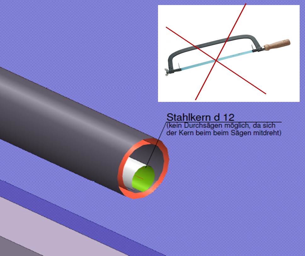 Schnittzeichnung Rohr mit Stahlkern d12, Hinweis auf durchsägesicheren Fensterschutz, durchgestrichene Säge