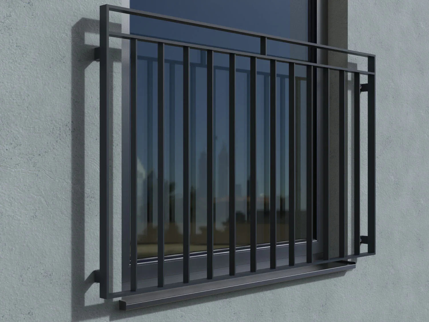 Französischer Balkon aus Flacheisen mit Handlauf in RAL 7016 vor Fenster montiert