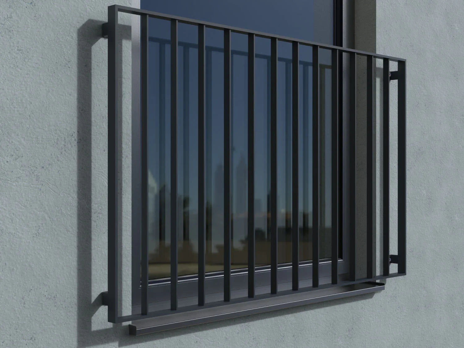 Französischer Balkon aus Flacheisen ohne Handlauf, RAL 7016, vor einem Fenster montiert