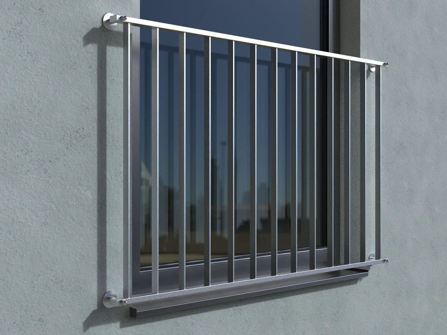 Französischer Balkon aus Edelstahl mit senkrechten Stäben vor Fenster montiert