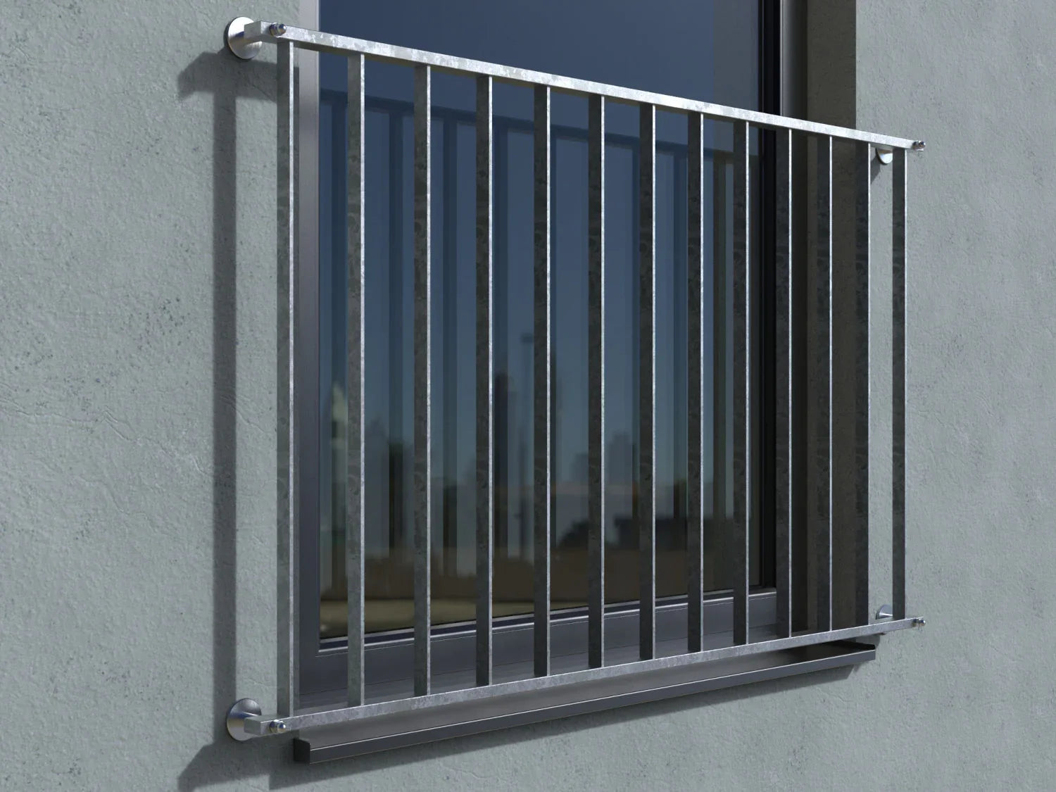 Französischer Balkon aus verzinktem Flacheisen vor Fenster, modernes Design