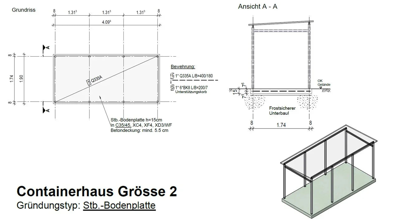 Bauplan und 3D-Darstellung Fundament Containerhaus Größe 2 mit Stahlbeton-Bodenplatte.