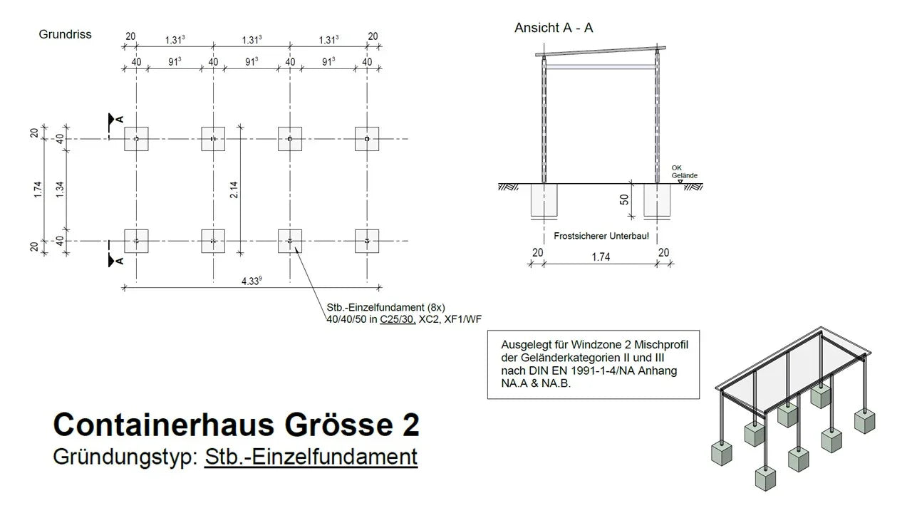 Konstruktionszeichnung Fundament für Fahrradhaus, Einzelfundamente, Maße, Seitenansicht und 3D-Modell.