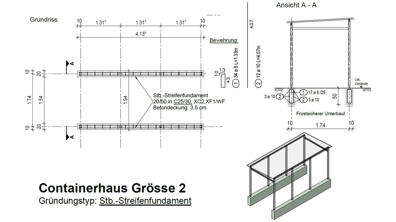 Konstruktionszeichnung für Fundament Streifenfundament eines Fahrradhauses Größe 2 mit Maßen