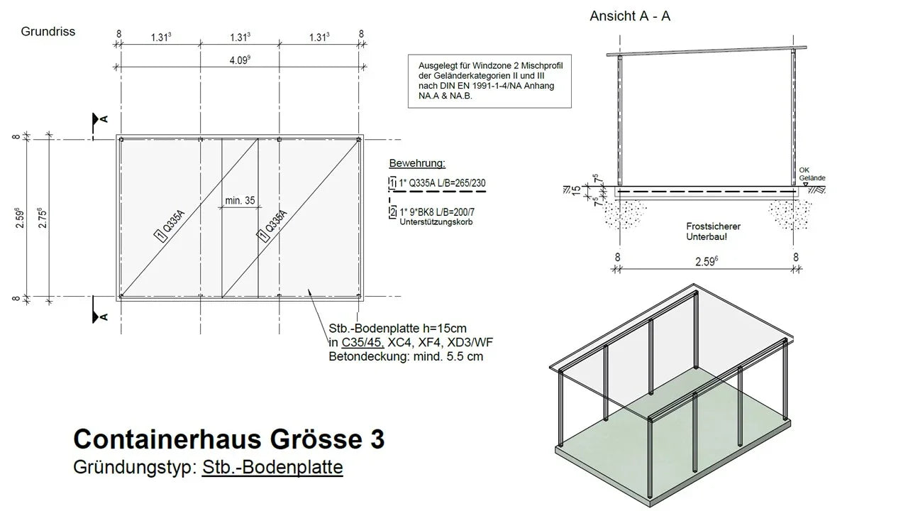 Konstruktionszeichnung Fundament Containerhaus Größe 3, Stahlbeton-Bodenplatte, Maße und Aufbau.