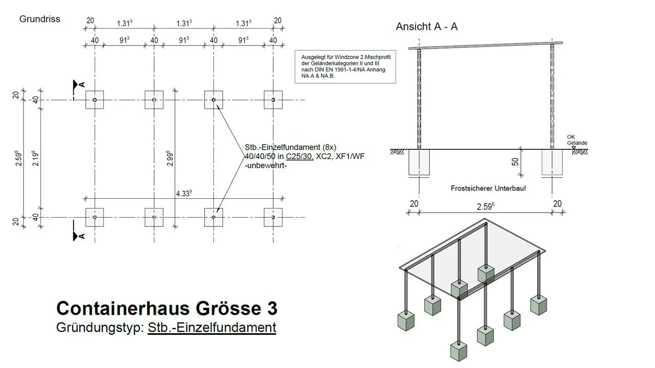 Zeichnung eines Fundamentplans für Containerhaus Größe 3 mit Stahlbeton-Einzelfundamenten.