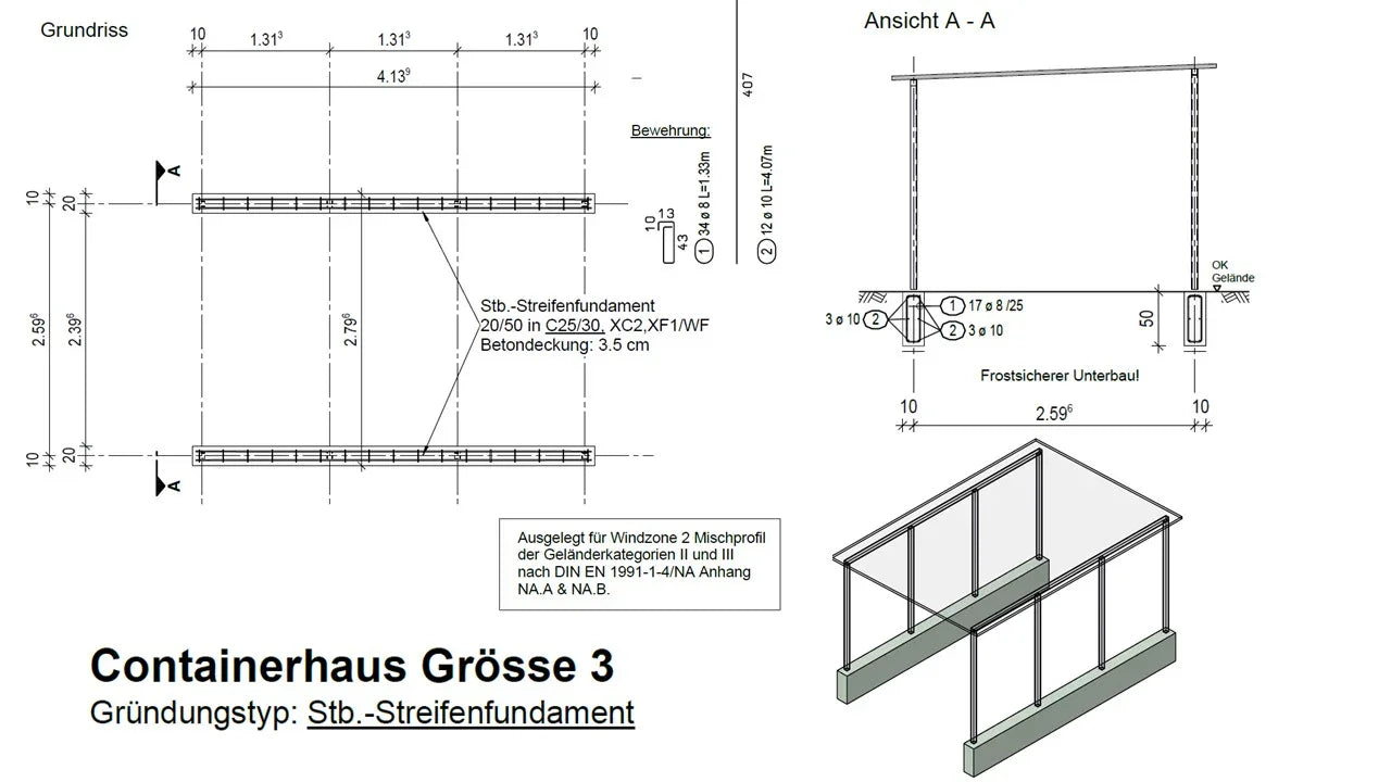 Bauplan für Fundament Containerhaus Größe 3 mit Streifenfundament und Maßen