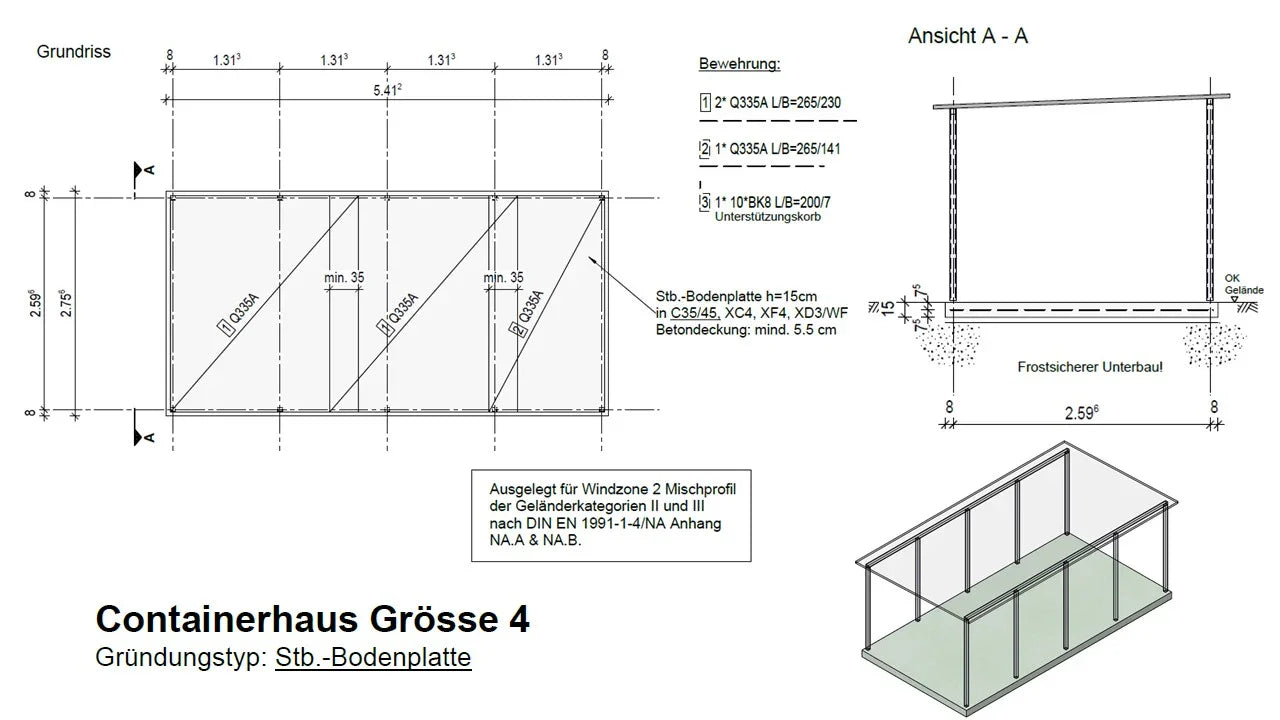 Bauzeichnung Fundament für Containerhaus Größe 4 mit Grundriss, Draufsicht und 3D-Ansicht, Stahlbeton-Bodenplatte