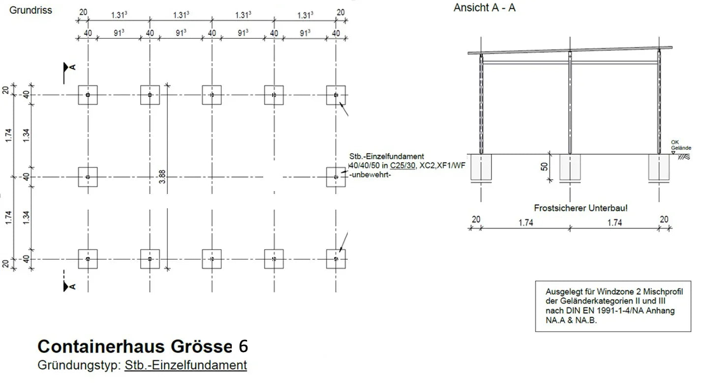 Fundamentplan Containerhaus Größe 6 mit Einzelfundamenten und Maßangaben, Grundriss und Seitenansicht