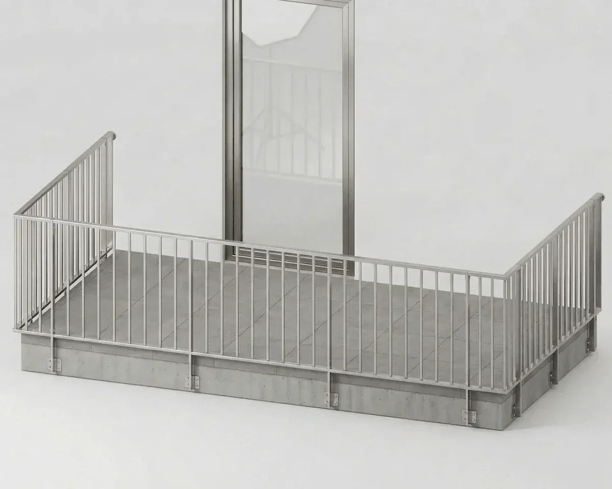 Balkongeländer aus verzinktem Edelstahl, modern, mit senkrechten Stäben auf Betonboden