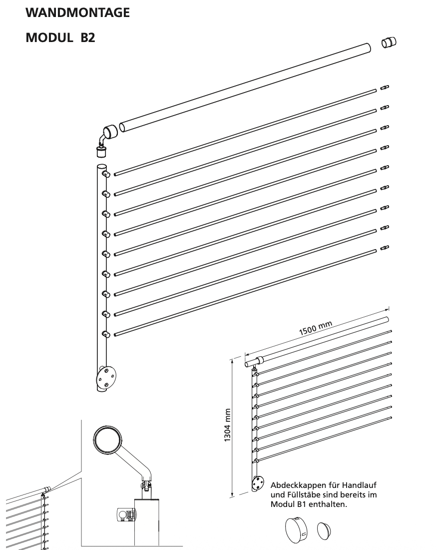 Wandmontage Geländer Modul B2 aus Metall, horizontale Streben, technische Zeichnung, Maße 1500x1304 mm