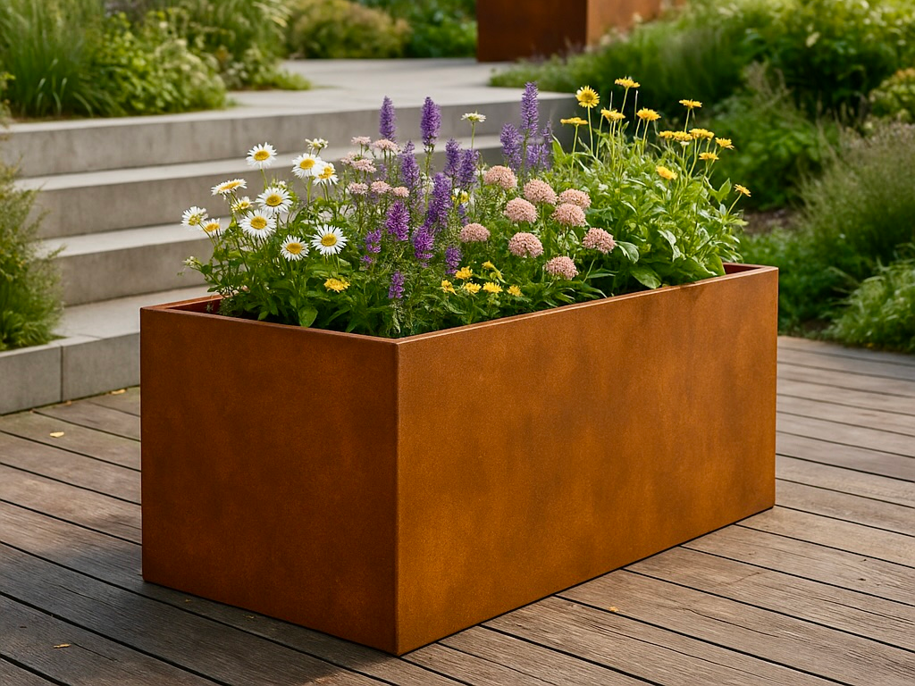 Cortenstahl Hochbeet im Garten mit Blühpflanzen und 1.600 Liter Pflanzvolumen
